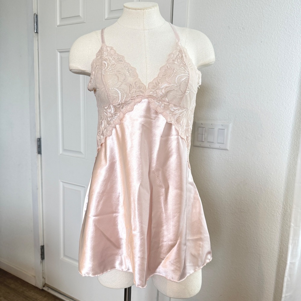 Avidlove Pink Satin Lace Slip Dress Chemise Coquette Babydoll Mini Nightgown S